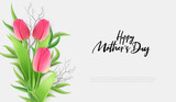 Fototapeta Tulipany - Vector illustration of mother's day greetings banner template with blooming tulip flowers, eucalyptus leaves and hand lettering quote - happy mothers day