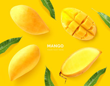 Creative Layout Made Of Mango. Flat Lay. Food Concept. Macro Concept. Yellow Background.