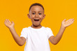 © Anatoliy Karlyuk - I’m so happy. Picture of overjoyed excited black little boy of African origin exclaiming emotionally and gesturing actively with both hands, amazed with good news, receiving highest mark for test