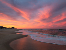 Amazing Orange, Pink, Red, And Purple Sunset Along The Beach In The Outer Banks Of North Carolina