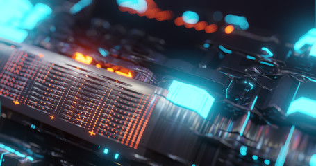 Poster - Abstract technology background, led and flickering particles. Animation of electric circuit signal with light glow and Bokeh. Futuristic concept. 3D render