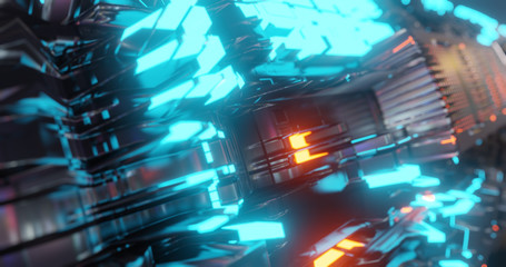 Poster - Abstract technology background, led and flickering particles. Animation of electric circuit signal with light glow and Bokeh. Futuristic concept. 3D render
