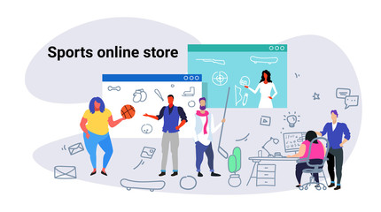 Poster - people doing online shopping sports store concept men women choosing new equipment using computer application e-commerce sketch doodle horizontal