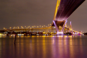 Bhumibol Bridge in Bangkok city at night with the Colorful multi color of light 5