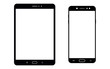 Black tablet or notepad and smartphone set with blank white screen. Smartphone and tablet or notepad set. Smartphone and tablet front view, vector.