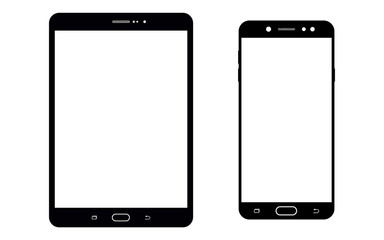 Poster - Black tablet or notepad and smartphone set with blank white screen. Smartphone and tablet or notepad set. Smartphone and tablet front view, vector.