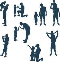 Set of silhouettes of father and child. Man and son in different positions. The boy was five years old.