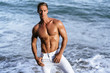 Sexy muscular guy in white pants and shirtless posing on tropical sandy beach, ocean waves at background