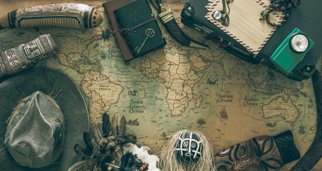 Aufkleber - Old map, vintage travel equipment and souvenirs from the travel around the world / place for your text