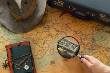 Aufkleber - preparation for the trip. Old map with marked treasure and vintage travel equipment