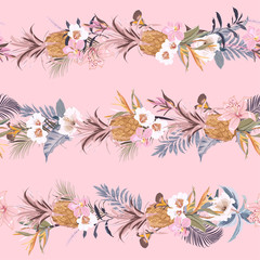   Sweet retro Summer tropical exotic forest with blooming summer flowers and fruits create in line horizontal stripe design for fashion,fabric,wallpaper and all prints