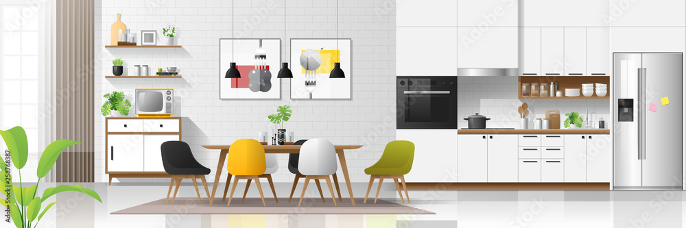 Modern house interior background with kitchen and dining room ...