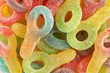 Fruit flavored key jelly candies. Top view of a macro photography.
