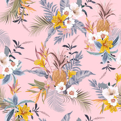 Wall Mural - Sweet vintage pastel  tropical forest exotic colorful flowers bird of paradise ,hibiscus,lily , palm leaves  seamless vector pattern,design for fashion,fabric,wallpaper,web and all prints prints