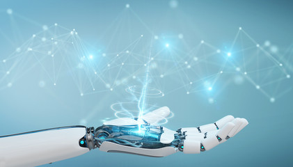 Leinwandbilder - White robot hand using digital network connection 3D rendering