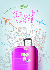 Poster - Color plastic travel bag with different world travel sights. Travel concept