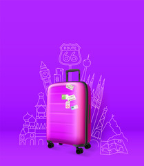 Poster - Violet plastic nadbag with different famous historical sight of europe. Travel vector illustration
