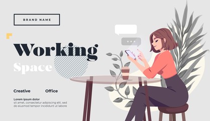 Young woman sitting at the table with laptopn and talking and working with her male friends in the open space office. Gradient line vector illustration of creative people working together