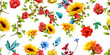 © iMacron - Wide seamless pattern of sunflowers with pomegranate buds and cornflowers on white. Abstract. Hand drawn. Watercolor. Vector - stock.
