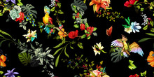 Wide Vintage Seamless Background Pattern. Parrots Cockatoo On The Tropical Branches With Leaves And Flowers On Dark. Abstract, Hand Drawn, Vector - Stock.