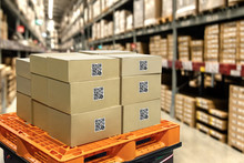 Smart Logistic Industry 4.0 , QR Codes Asset Warehouse And Inventory Management Supply Chain Technology Concept. Group Of Boxes In Storehouse Can Check Product Inside And Order Pick Time.