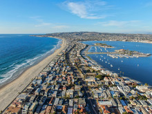 Aerial View Of Mission Bay & Beaches In San Diego, California. USA. Community Built On A Sandbar With Villas, Sea Port.  & Recreational Mission Bay Park. Californian Beach-lifestyle.