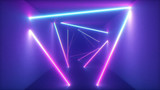Fototapeta Perspektywa 3d - Abstract flying in futuristic corridor with triangles background, fluorescent ultraviolet light, colorful laser neon lines, geometric endless tunnel, blue pink spectrum, 3d illustration