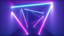 Abstract Flying In Futuristic Corridor With Triangles Background, Fluorescent Ultraviolet Light, Colorful Laser Neon Lines, Geometric Endless Tunnel, Blue Pink Spectrum, 3d Illustration