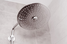 Rain Shower Turned Off, Ceiling Shower Head Closeup In The Shower Stall.
