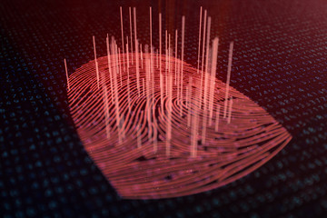Poster - 3D illustration Fingerprint scan provides security access with biometrics identification. Concept fingerprint hacking, threat. Finger print with binary code. Concept of digital security.