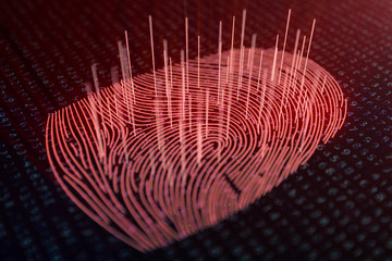 Poster - 3D illustration Fingerprint scan provides security access with biometrics identification. Concept fingerprint hacking, threat. Finger print with binary code. Concept of digital security.