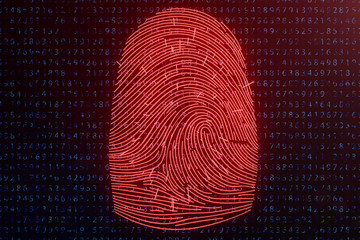 Wall Mural - 3D illustration Fingerprint scan provides security access with biometrics identification. Concept fingerprint hacking, threat. Finger print with binary code. Concept of digital security.