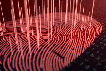 Poster - 3D illustration Fingerprint scan provides security access with biometrics identification. Concept fingerprint hacking, threat. Finger print with binary code. Concept of digital security.