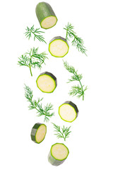 Sticker - Frash falling zucchini and dill herb isolated on white