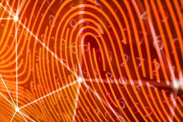 Poster - 3D illustration Fingerprint scan provides security access with biometrics identification. Concept fingerprint hacking, threat. Finger print with binary code. Concept of digital security.