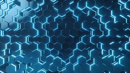 Poster - abstract blue of futuristic surface hexagon pattern with light rays. blue geometric hexagonal abstra