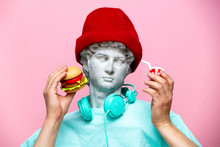 Antique Bust Of Male In Hat With Cola Drink And Hamburger