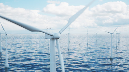 Wind farm turbines caught in sunlight sky. Beautiful contrast with the blue sea. ecological concept, 3d illustration