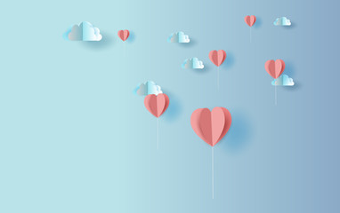 Wall Mural - illustration of origami balloon heart shape with nature cloudscape sky view .valentine's day decorat