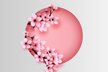 Illustration Of Paper Art And Craft Circle Decorated Spring Season Cherry Blossom Concept,Springtime With Sakura Branch, Design Floral Cherry Blossom With Pink Flowers On Text Space Background,vector.