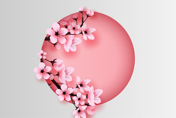 illustration of paper art and craft circle decorated spring season cherry blossom concept,springtime