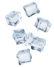 Falling Ice Cube, Isolated On White Background, Clipping Path, Full Depth Of Field