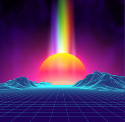 Wall Mural - synth wave retro city landscape background sunset 3d landscape with rainbow light. futuristic landsc