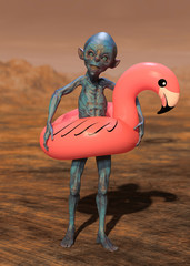 Wall Mural - alien with pink float looking for water on mars - 3d illustration