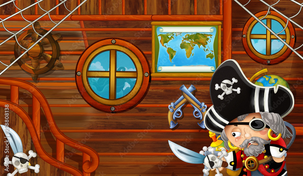cartoon scene with pirate ship cabin interior with treasure sailing through the seas - illustration for children