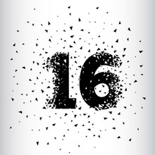 Broken Numbers 16. Explosion Effects. Vector And Illustration.