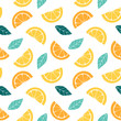 Seamless pattern with slices of citrus  Graphic drawing of orange, lemon and leaves. Tropical background.