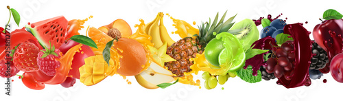 Naklejki owoce  slodkie-owoce-tropikalne-i-mieszane-jagody-odrobina-soku-arbuz-banan-ananas-s