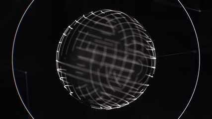 Aufkleber - Abstract animation of geometric shape with moving neon lines, dots and spirals on black background. Loop animations.