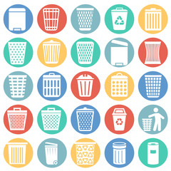 Fototapete - Trash bin icons set on color circles white background for graphic and web design. Simple vector sign. Internet concept symbol for website button or mobile app.